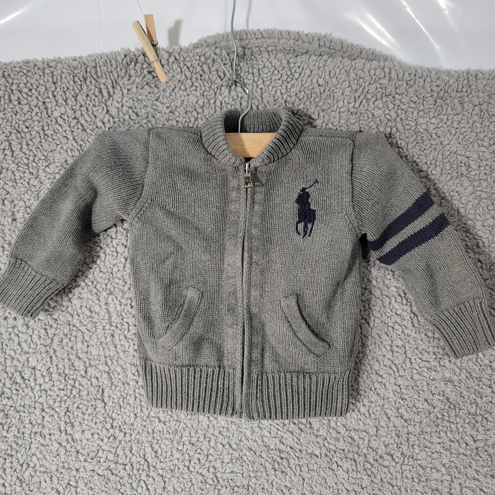Polo by Ralph Lauren Gray Knit Zip-Up Sweater with Navy Logo and Stripes